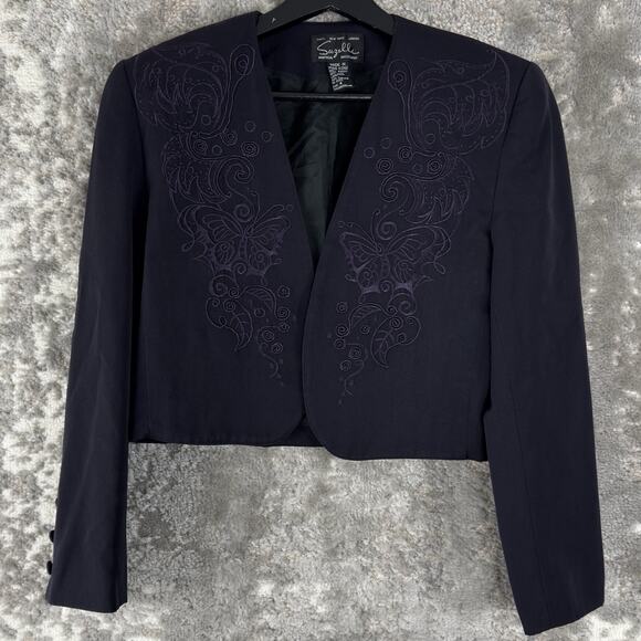 VINTAGE Suzelle Size 4 Embroidered Wool Butterfly Open Front Blazer Jacket - Picture 1 of 8